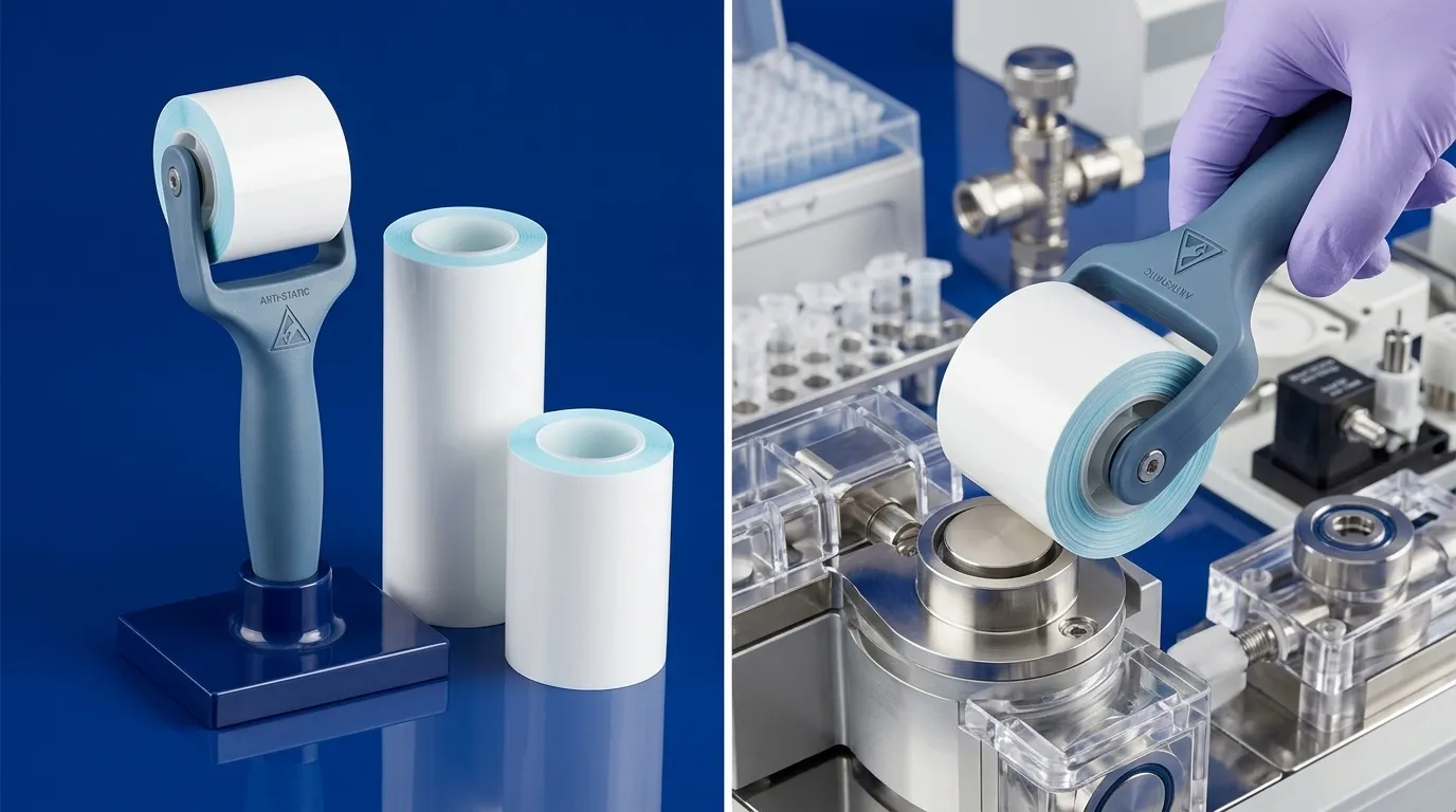 Anti-static sticky roller for biomedical equipment