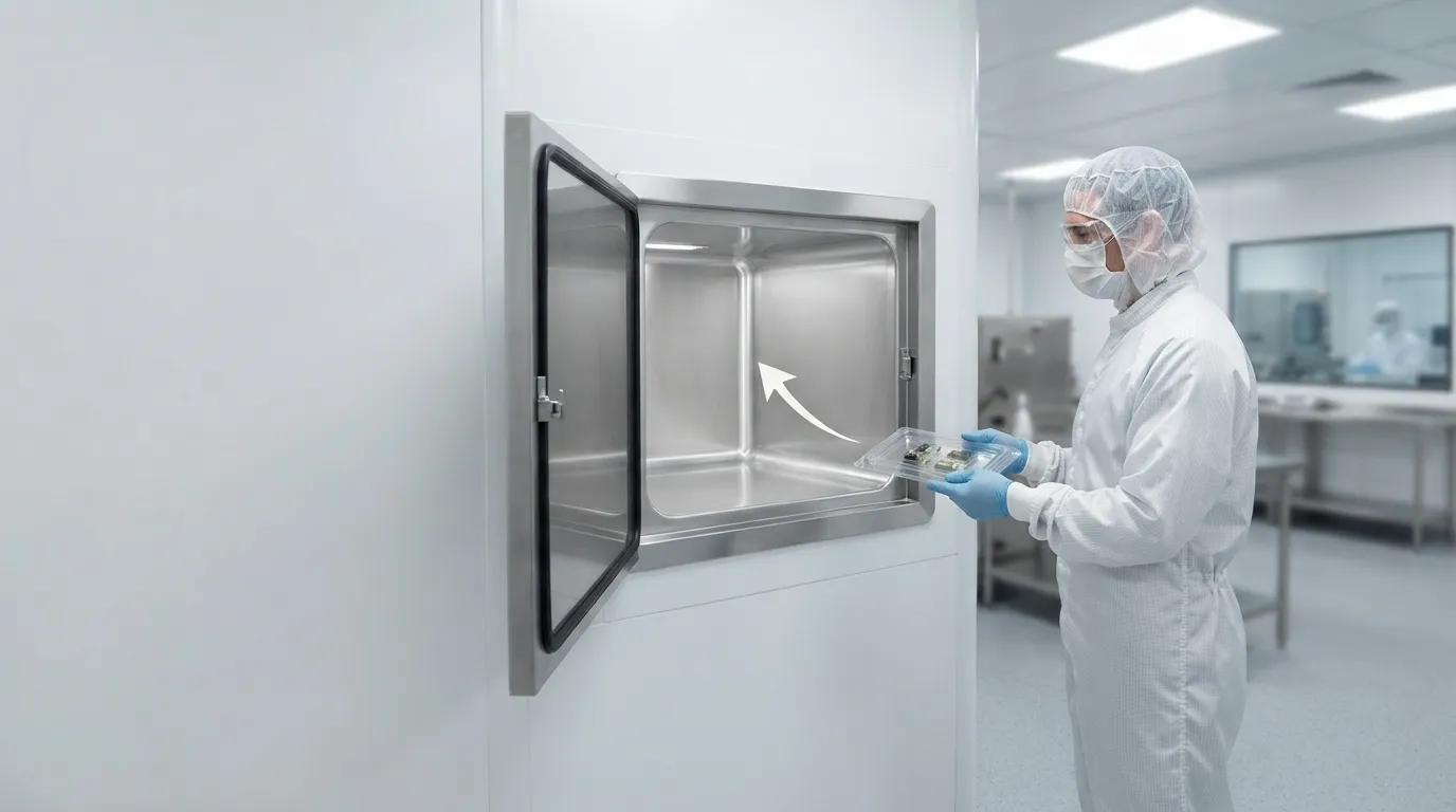 Operator in cleanroom coverall loading a sealed tray into an interlocked stainless steel cleanroom pass box.