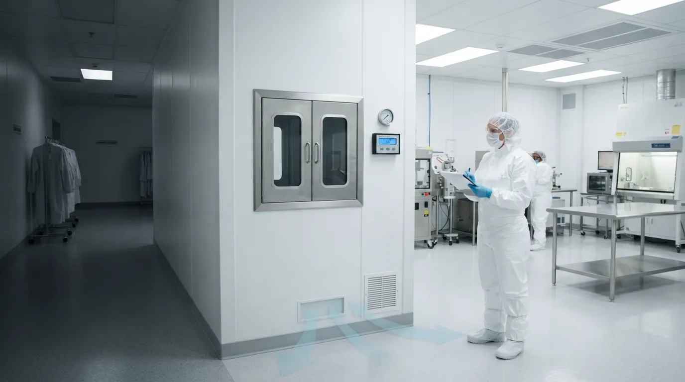 Closed cleanroom pass box between corridor and cleanroom, with engineer checking pressure display.