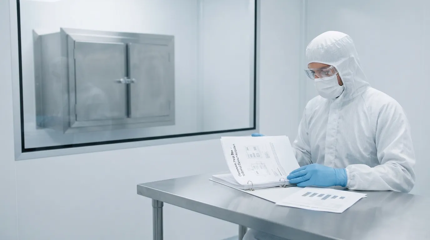 Engineer reviewing pass box supplier documentation while cleanroom pass box is visible through window.