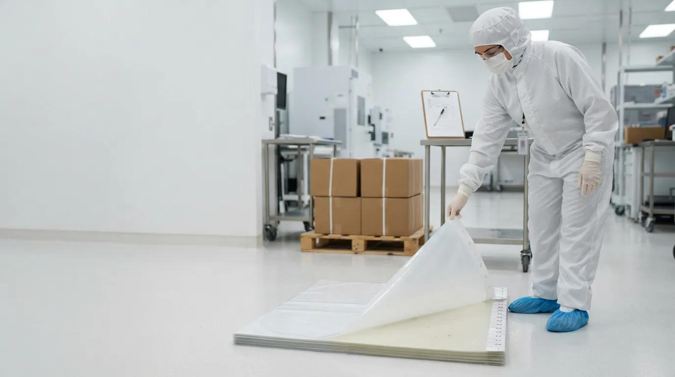 Cleanroom sticky mat at a cleanroom entrance beside bulk cartons, with a gloved hand lifting the peel tab.