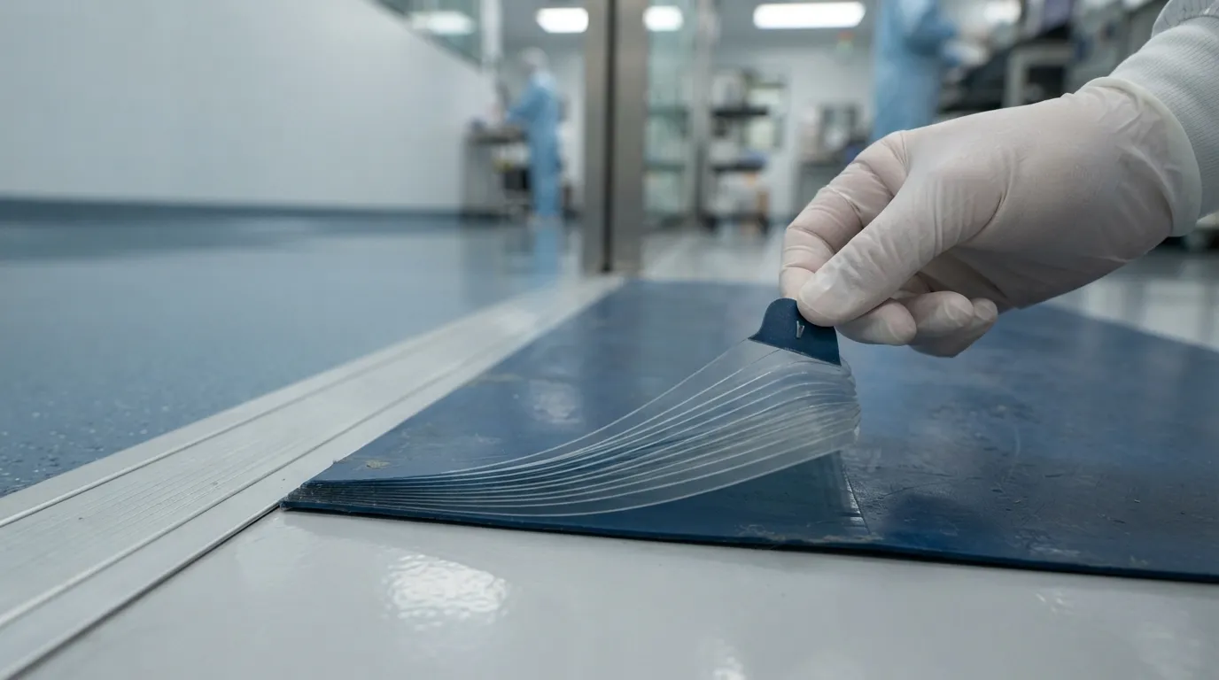 Close-up of a cleanroom sticky mat edge showing multiple peel-off layers being lifted by a gloved hand.