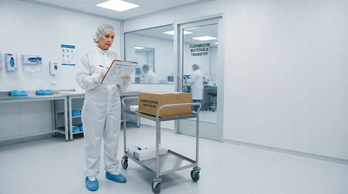 Buyer in cleanroom apparel reviewing an order sheet next to a carton of cleanroom sticky mats.