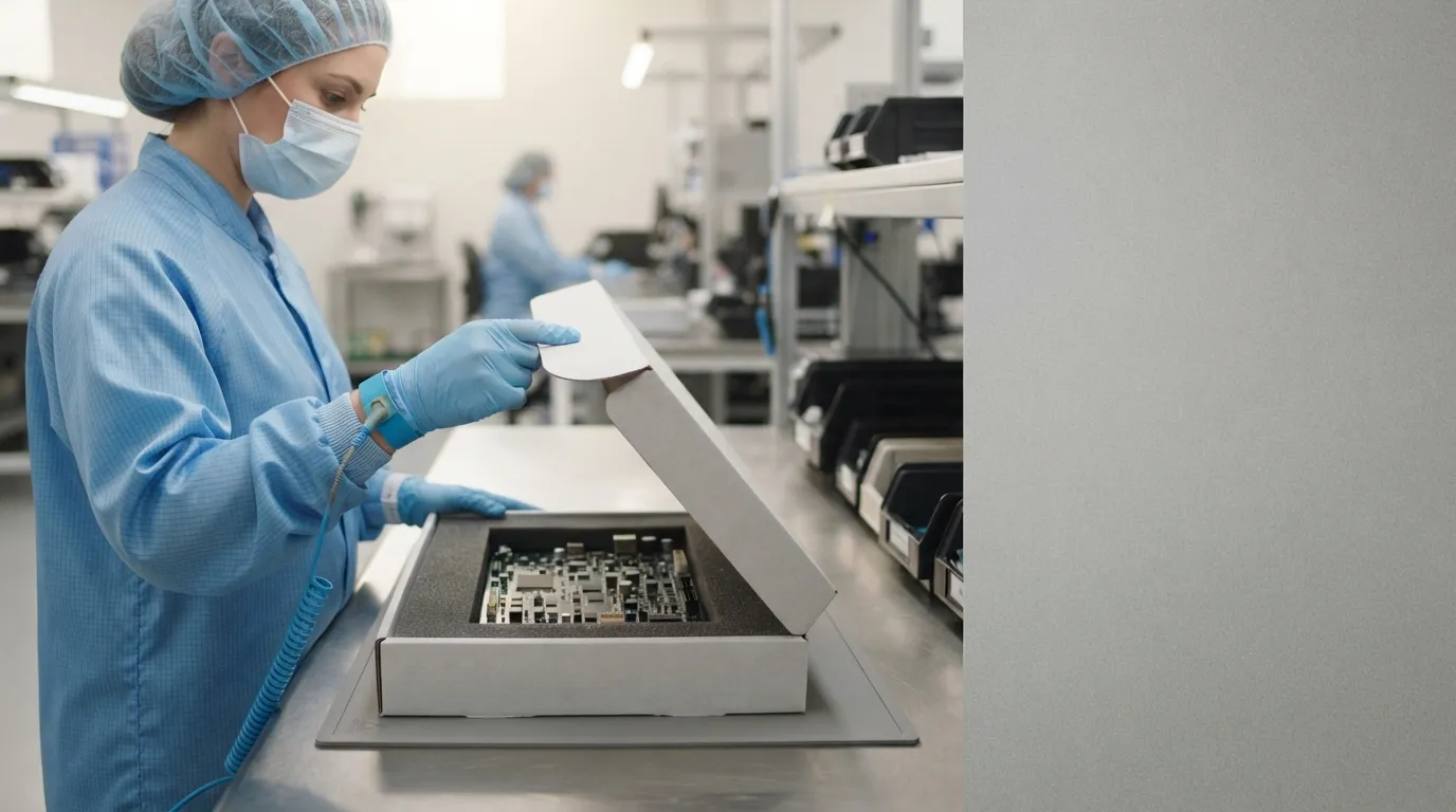 Antistatic PE foam sheets and die-cut insert cushioning a PCB in a shipping carton.
