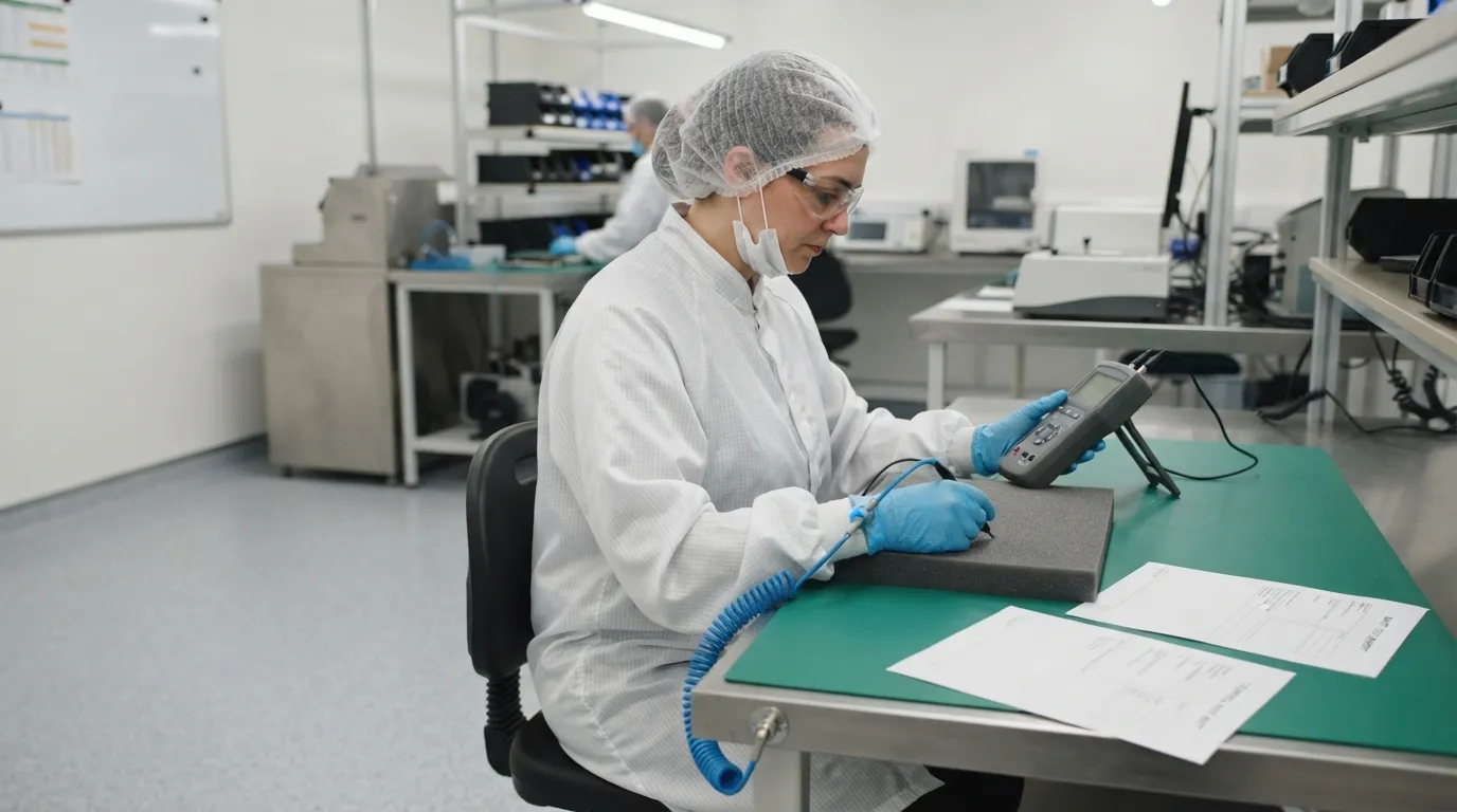 Engineer measuring antistatic PE foam sample with a resistance meter and batch documents.