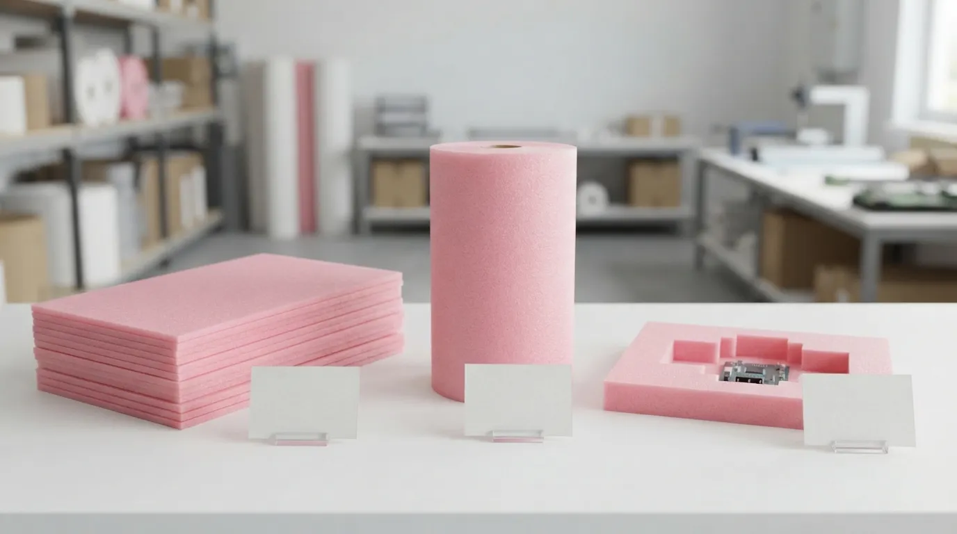 Antistatic PE foam sheet, roll, and die-cut insert samples arranged side by side.