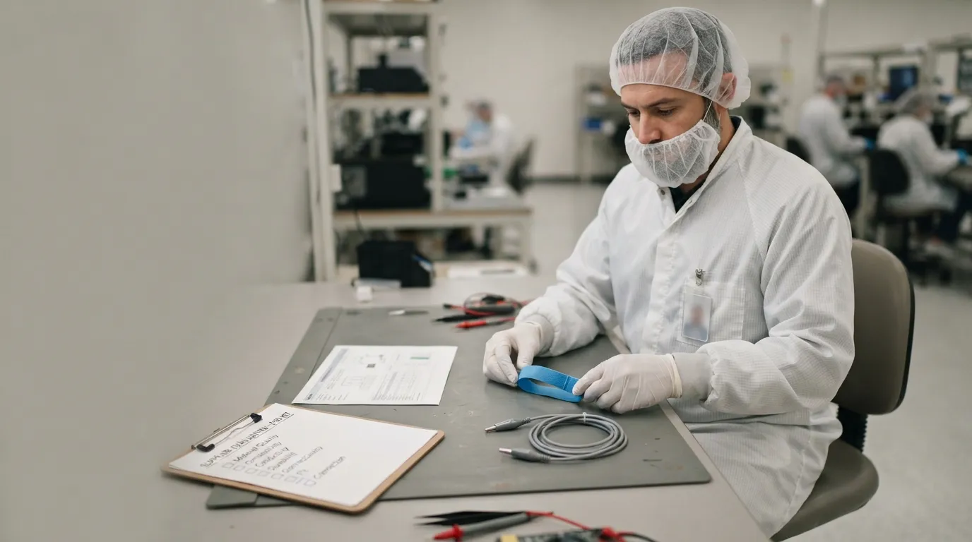 Buyer inspecting ESD wrist strap and grounding cord beside supplier checklist on ESD bench