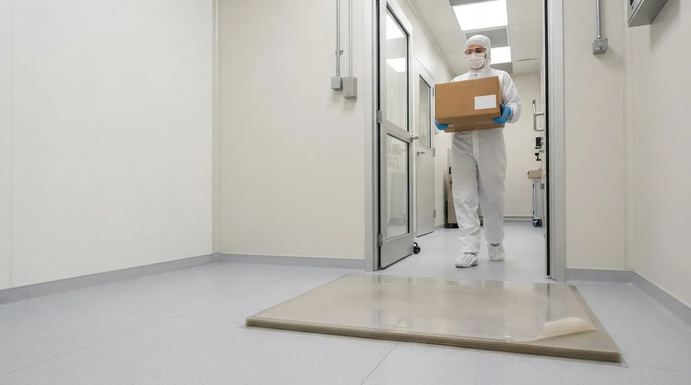 Cleanroom sticky mat at a gowning-room entrance, operator holding an unbranded carton for private-label supply.