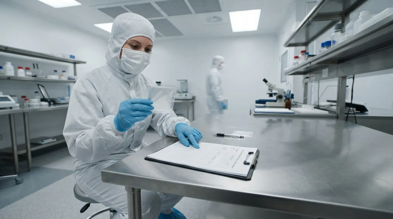 Cleanroom quality engineer reviewing a blank quality document beside an unbranded sticky mat sample.