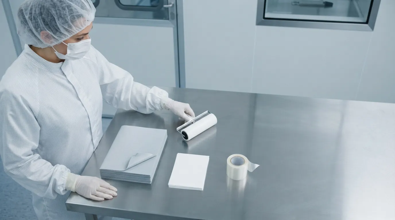 Four unbranded cleanroom product forms: sticky mat, sticky roller, sticky paper pad, and protective film.