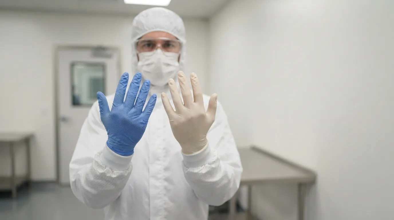 Blue nitrile and beige latex cleanroom gloves on a cleanroom technician's hands