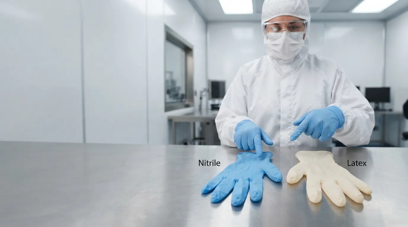 Technician comparing blue nitrile and beige latex cleanroom gloves on a stainless-steel workbench