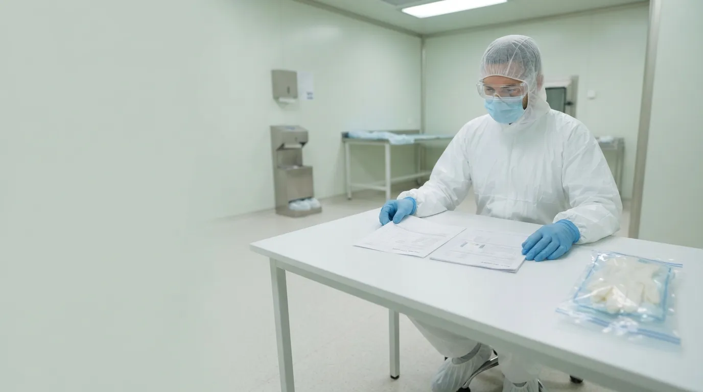 Procurement specialist reviewing cleanroom glove technical documents and packaged gloves in an antechamber