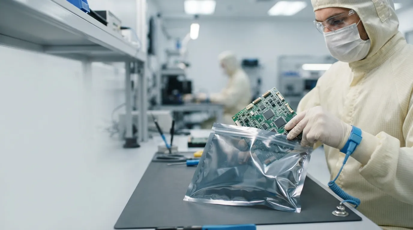Technician placing a PCB into an ESD shielding bag at an electronics assembly workstation.