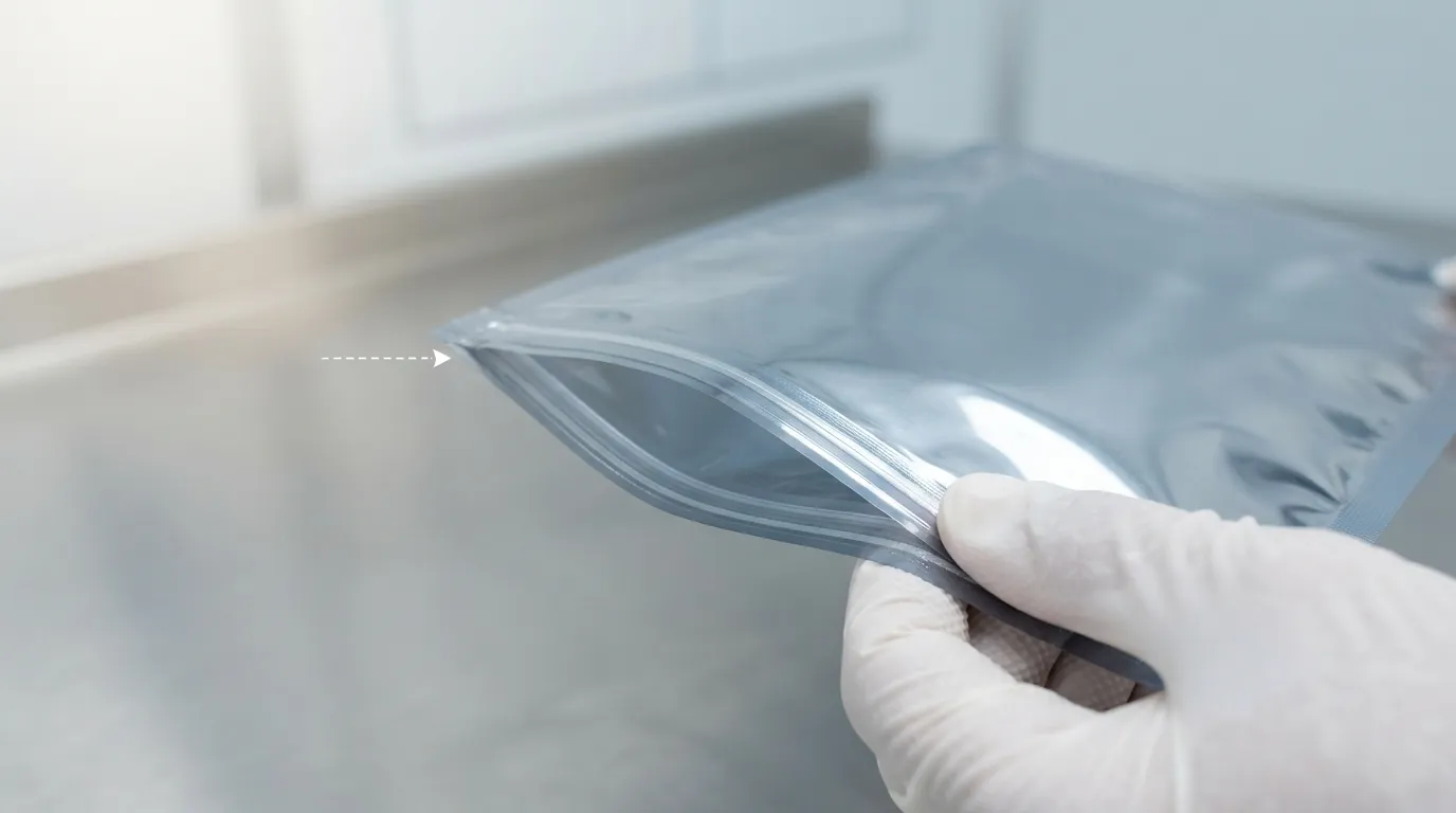 Close-up of a metalized ESD shielding bag showing its multilayer film construction.