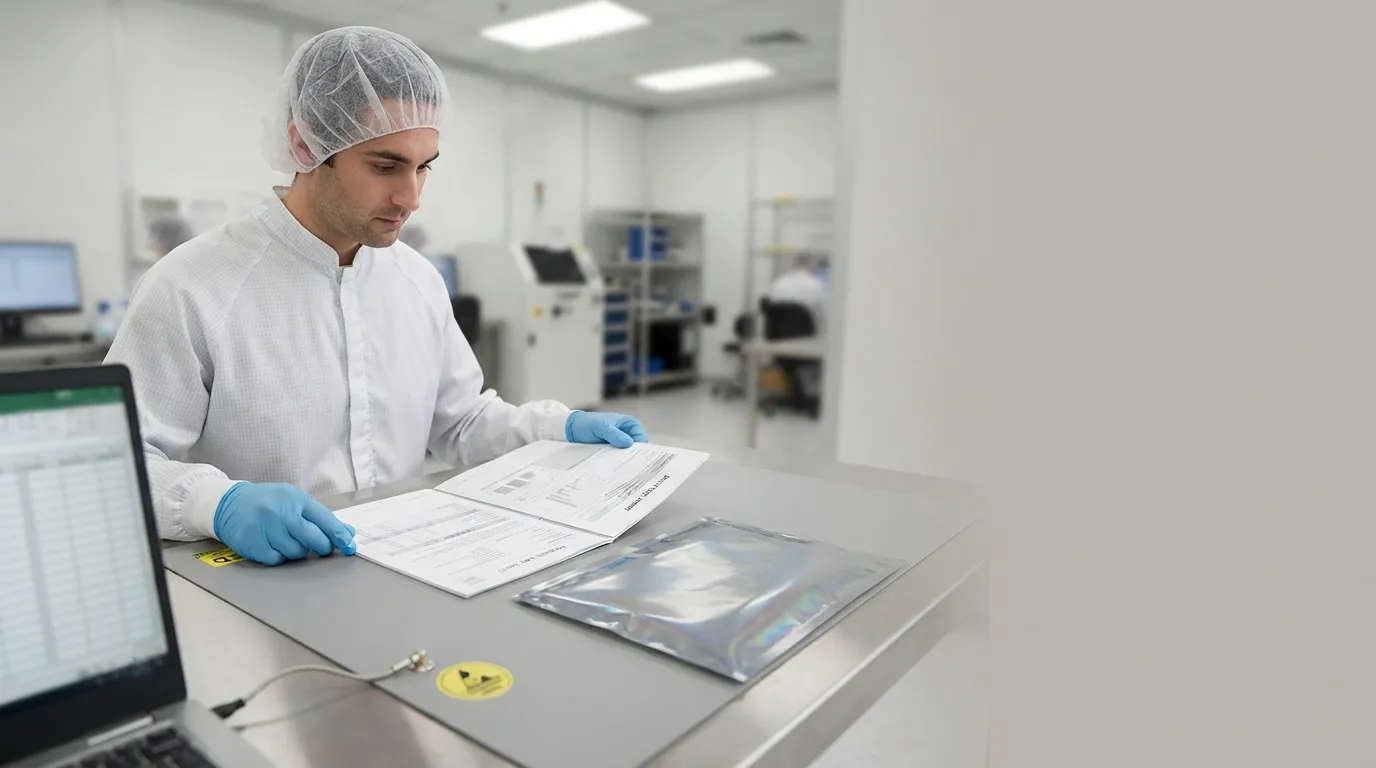 Engineer reviewing a TDS and batch test report for an ESD shielding bag sample.