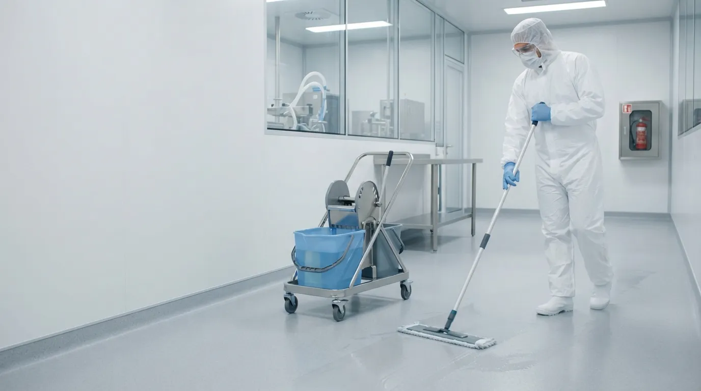 Cleanroom operator wet-cleaning a floor with a mop and three-bucket system