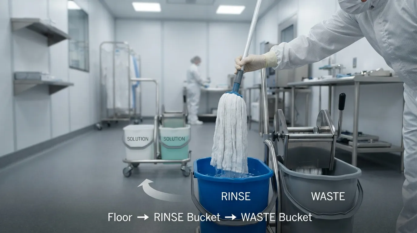 Cleanroom mop head rinsed over waste bucket in three-bucket mopping setup