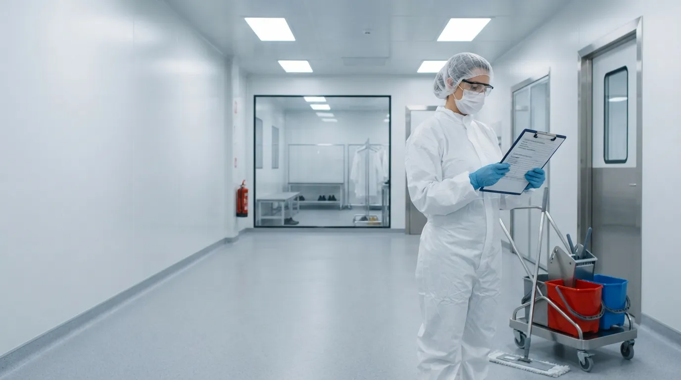 Cleanroom manager reviewing mop system technical data sheet beside bucket trolley