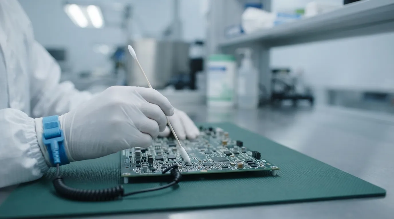 Cleanroom swab cleaning a narrow PCB connector gap.