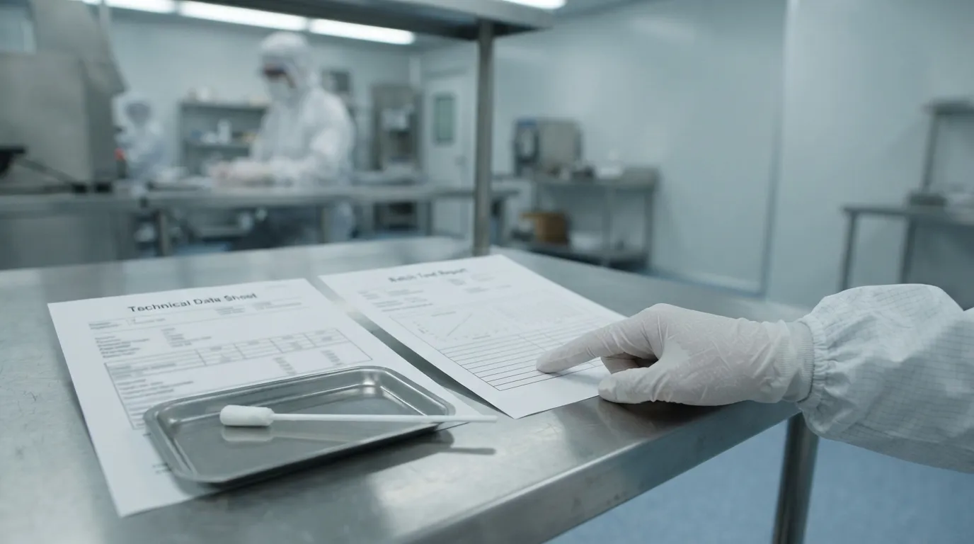 Cleanroom swab with technical data sheet and batch test report.