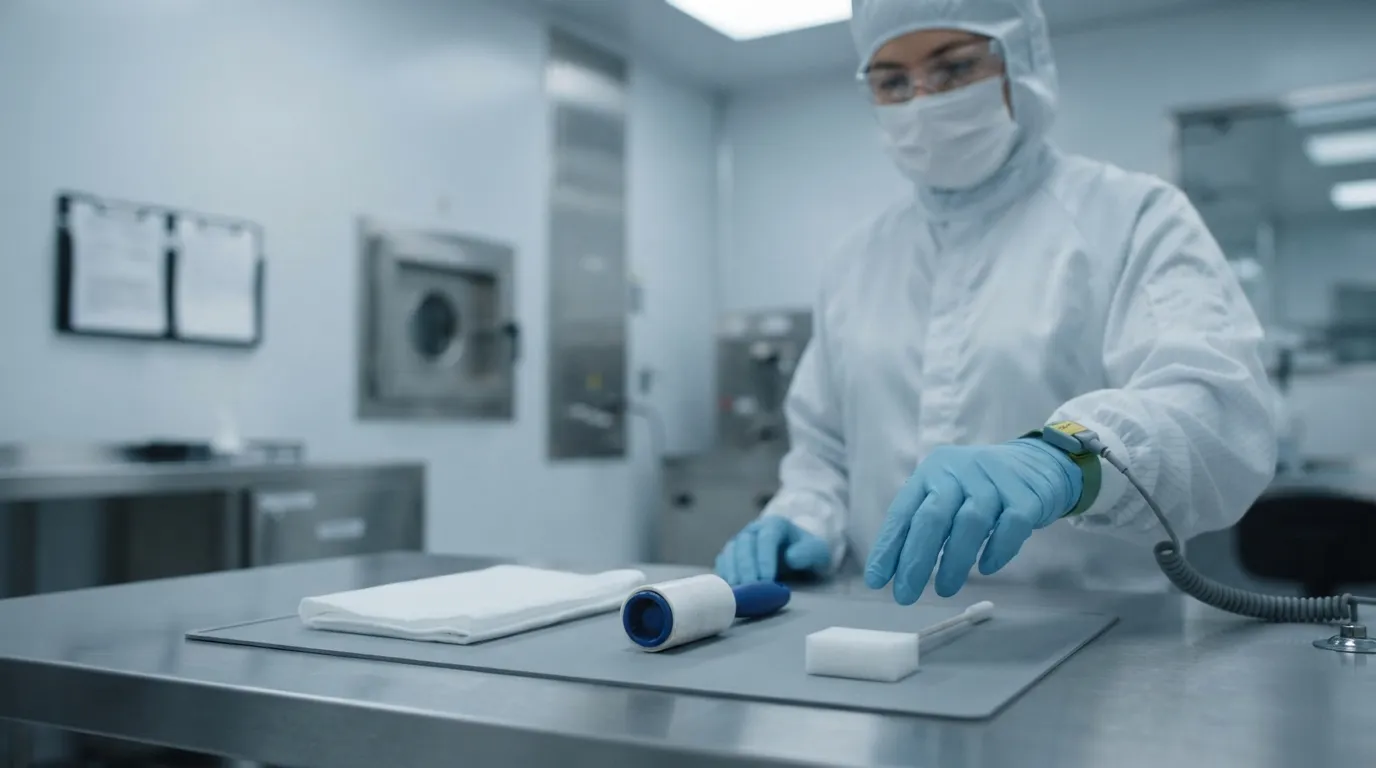 Comparing cleanroom swab, wipe, and sticky roller on ESD workbench.