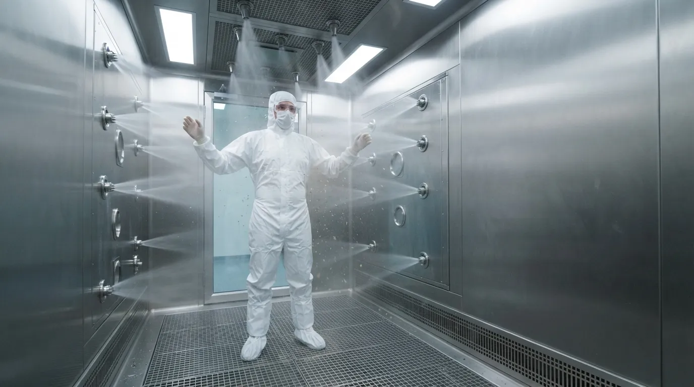 Person in cleanroom garment inside an air shower chamber with air jets.