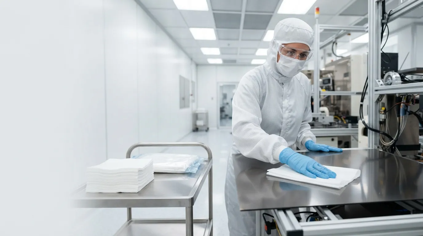 Cleanroom technician wiping a panel with a folded lint-free cleanroom wipe