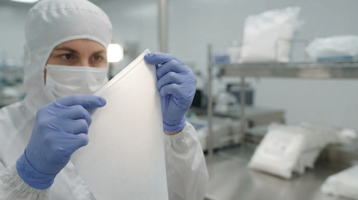 Gloved hand holding a cleanroom wipe up to light to show its sealed edge
