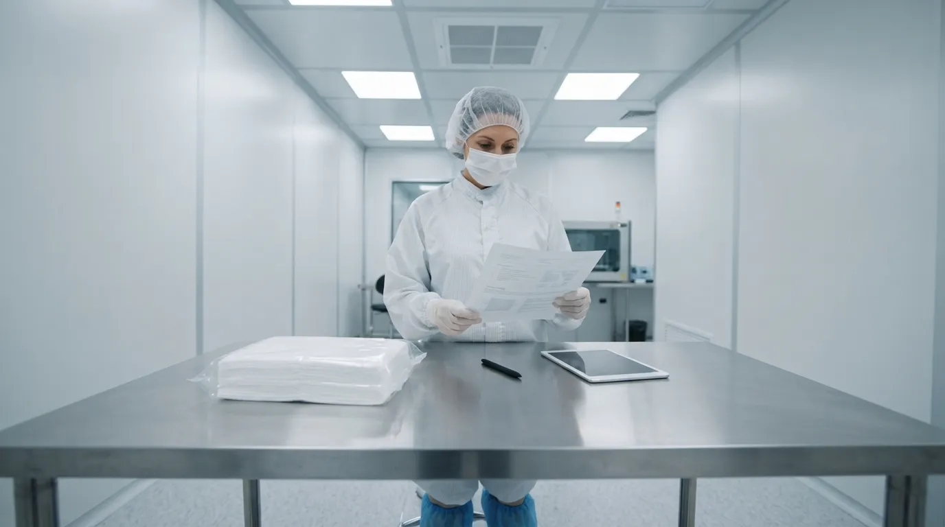 Specialist reviewing wipe specification documents next to packaged cleanroom wipes