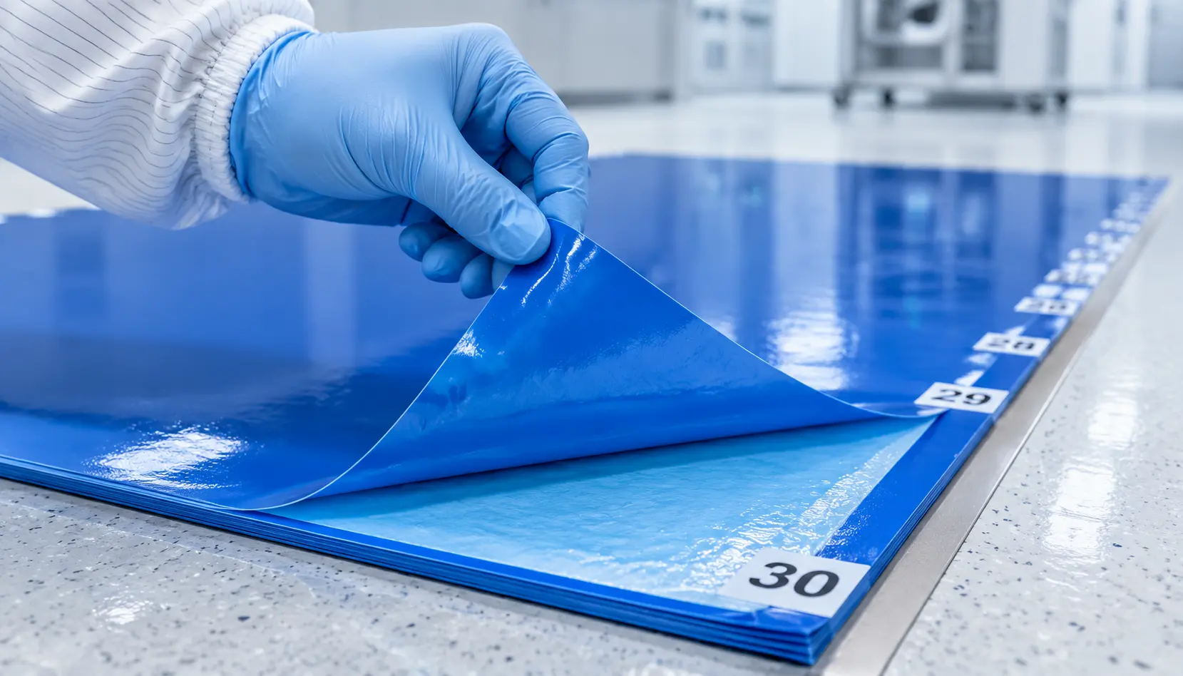 Close-up shot of a gloved hand peeling away the top layer of a numbered cleanroom sticky mat, showing the fresh adhesive layer underneath.